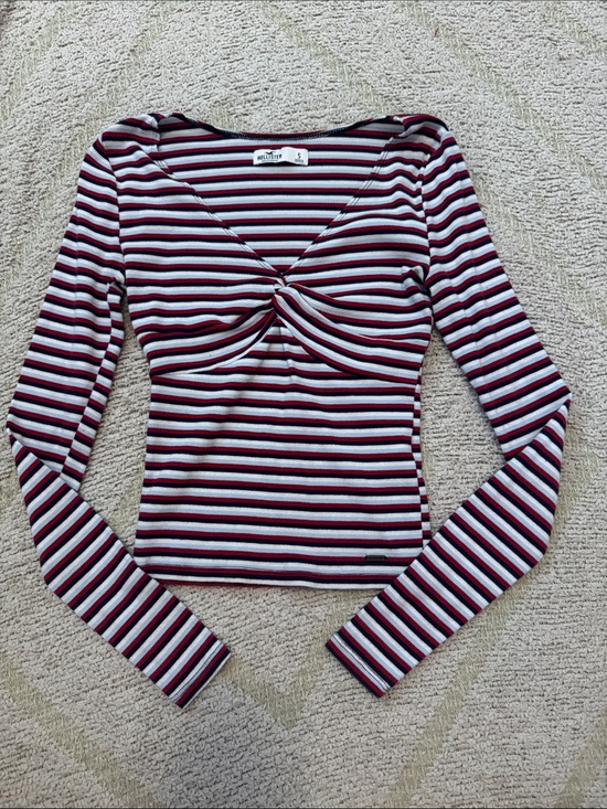 Hollister Tops - Hollister Burgundy Black White Striped Twist-Front Long Sleeve Top